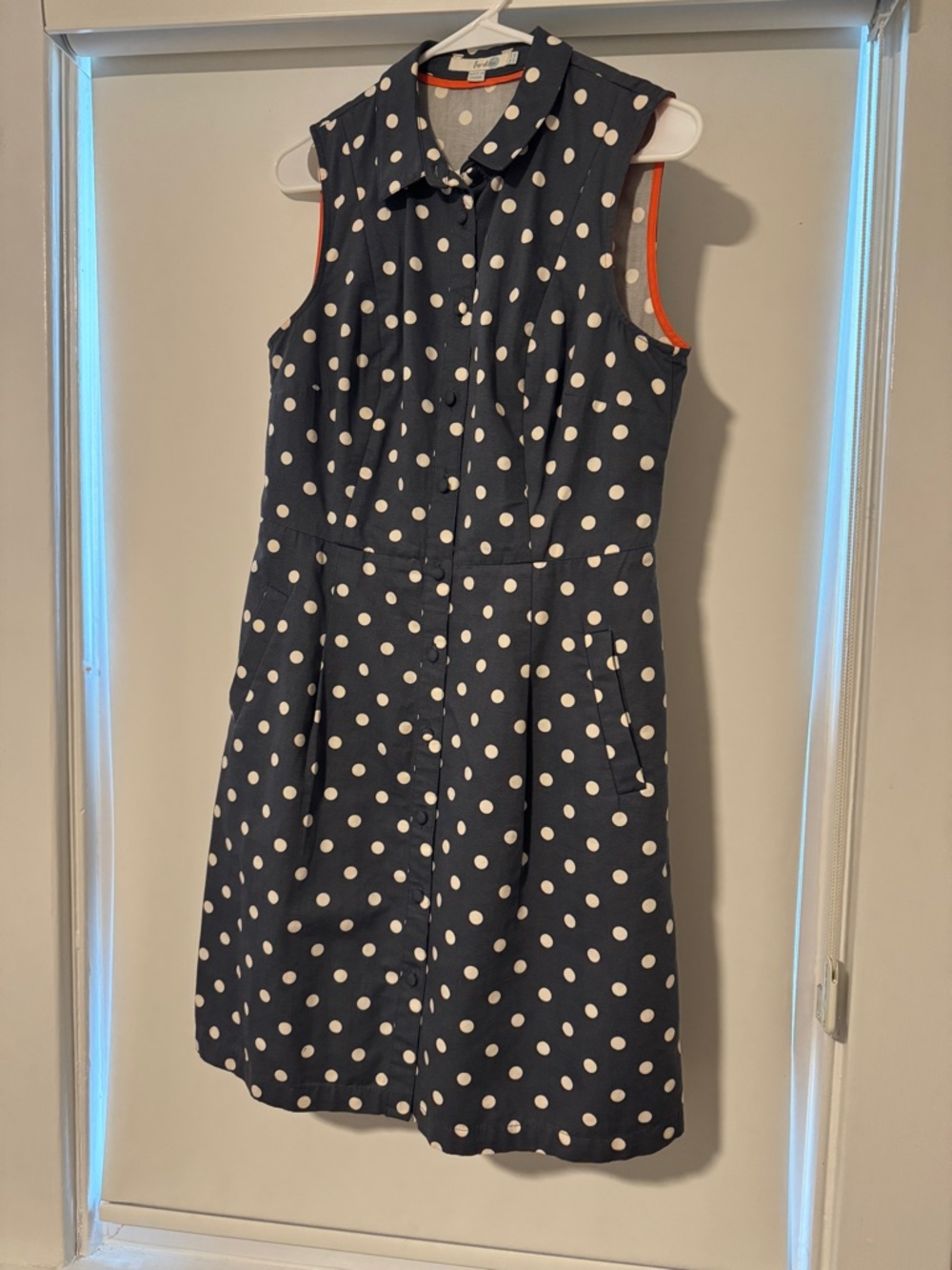 Boden Navy Blue Polka Dot Sleeveless Shirt Dress with White Dots